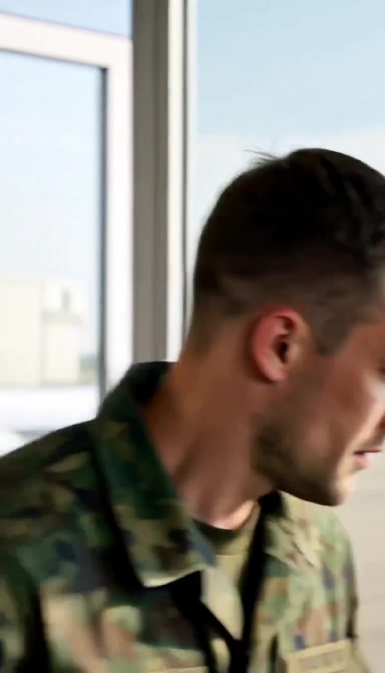 Nahaufnahme eines Soldaten, der sich mit alarmiertem Blick hastig in Richtung der Funkkonsole dreht.