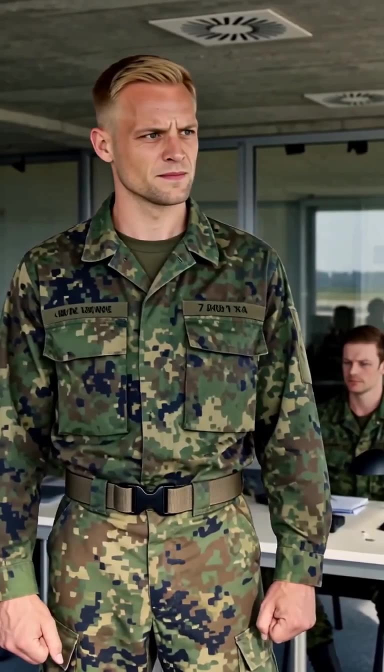 Der blonde Soldat Lukas blickt mit angespannter Miene und geballten Fäusten verunsichert zu seinem Kollegen.