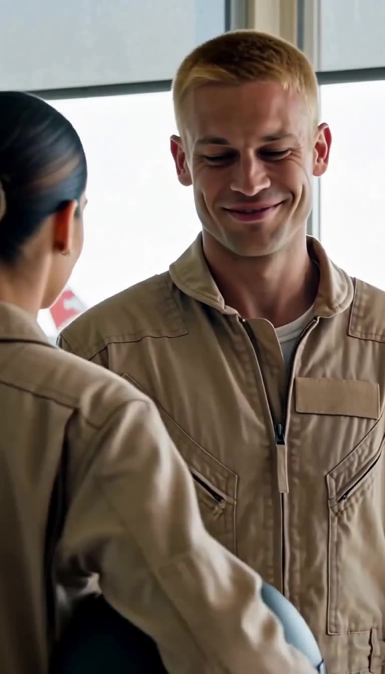 Julien looks down with a smug smirk at Camille during a tense pre-flight exchange.