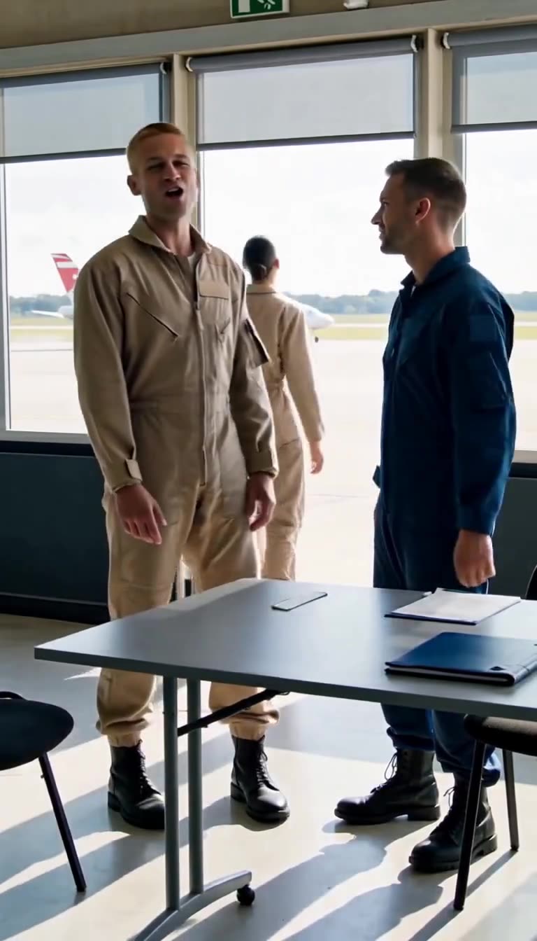 Julien calls out after Camille as she walks toward the airfield runway carrying her flight helmet.
