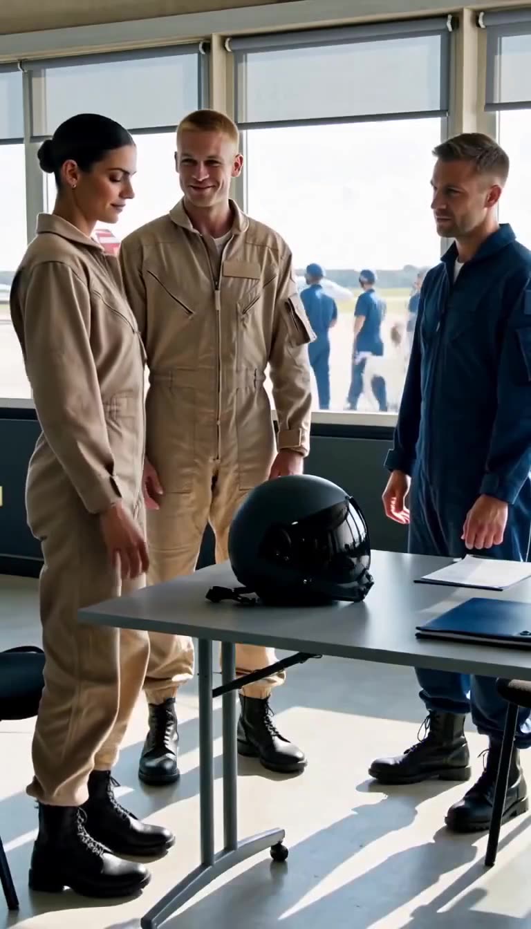 Two male pilots smirk and taunt Camille beside a flight helmet resting on the table.