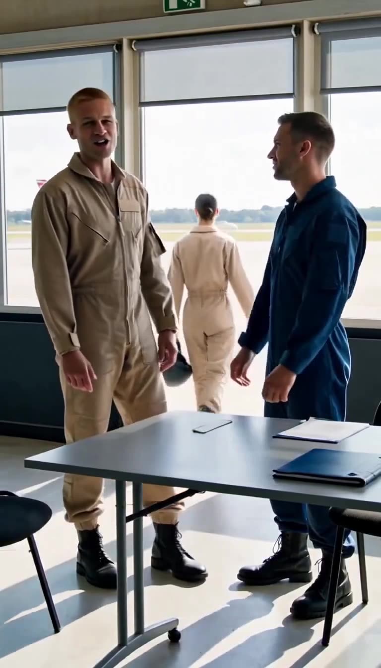 Camille walks toward the tarmac with her helmet while the male pilots laugh behind her.