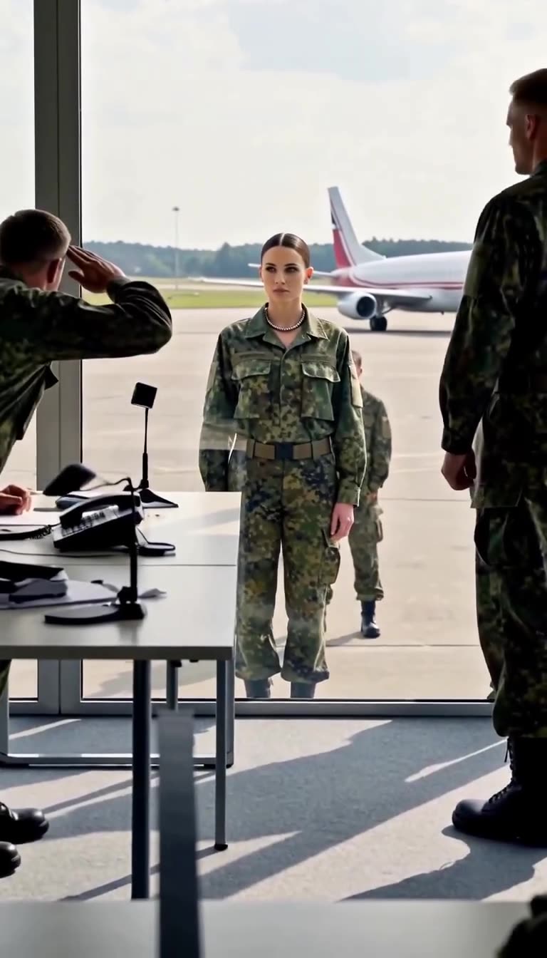 Markus salutiert vor Julia am Fenster, während Lukas beschämt den Blick senkt.