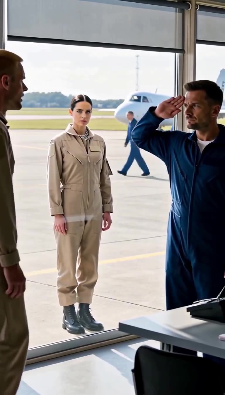 Marc salutes pilot Camille through the window while Julien stands completely humbled beside him.