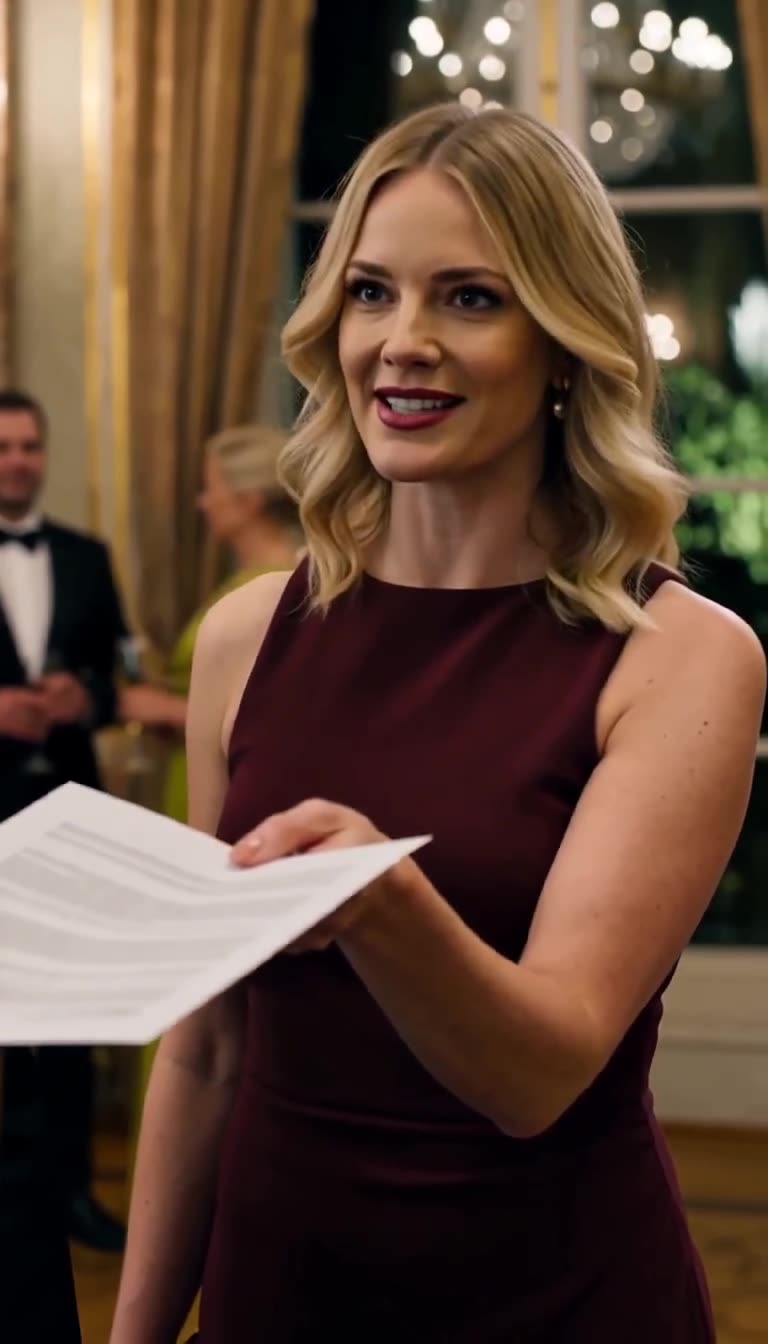 Sophie hält das Dokument mit hochmütigem Blick und verschmitztem Lächeln nach vorn.
