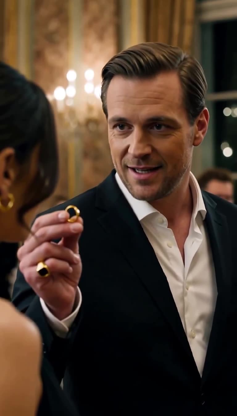 Florian hält spöttisch lächelnd einen goldenen Ring zwischen den Fingerspitzen in Richtung Hannah.
