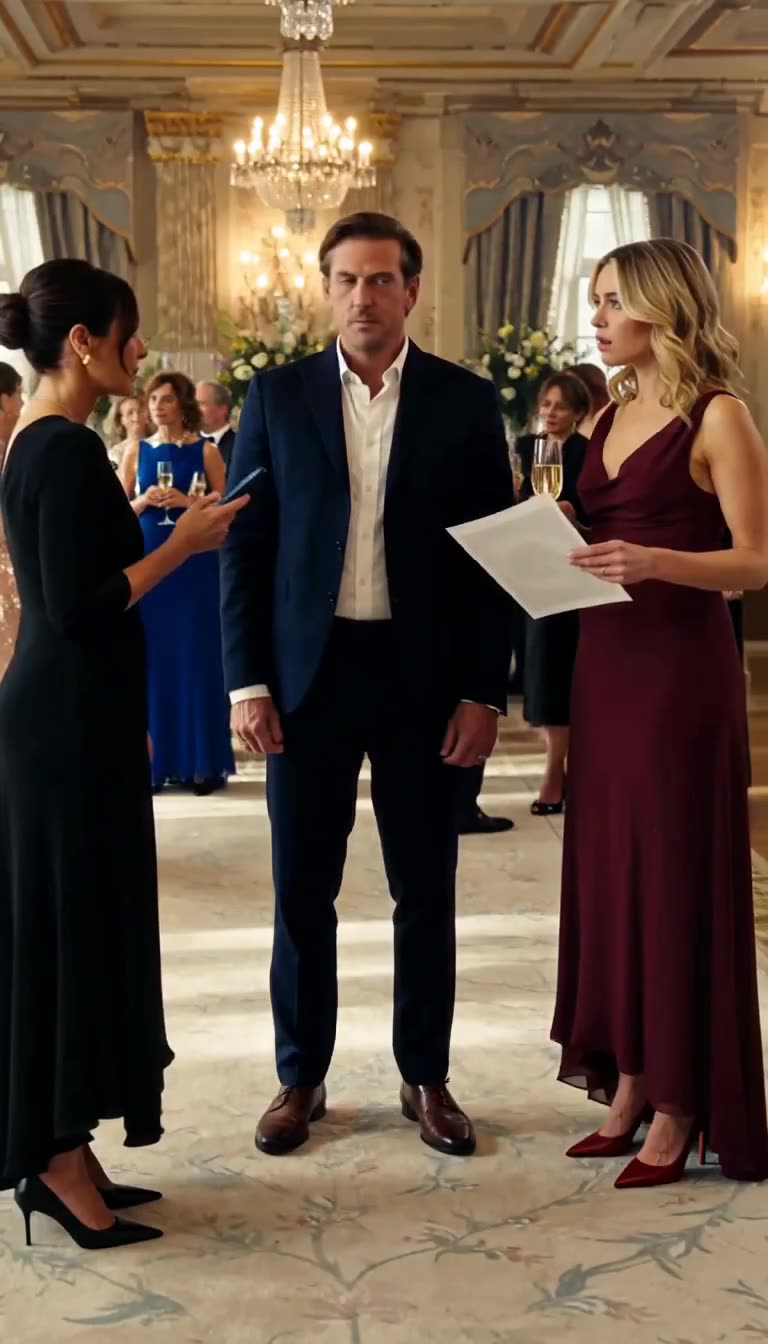 Camille holds up her phone issuing orders as Julien and Chloé stand frozen in shock