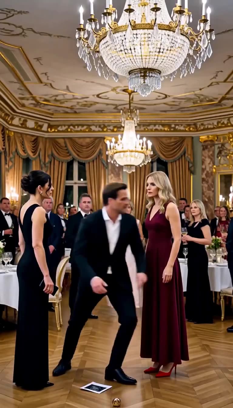 Florian und Sophie flüchten überstürzt aus dem Ballsaal, während das Dokument am Boden liegt und Hannah triumphiert.