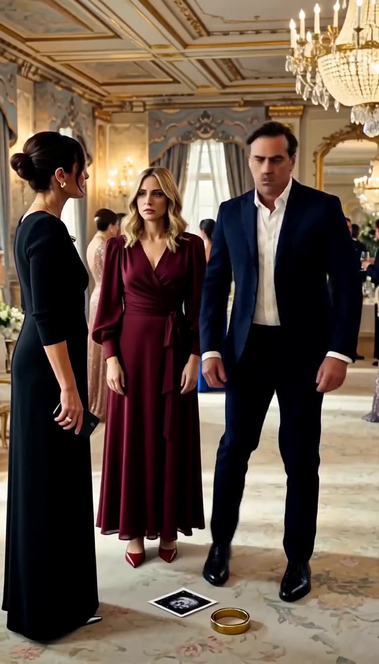 Julien and Chloé stand paralyzed before Camille as the ultrasound and ring lie on the floor