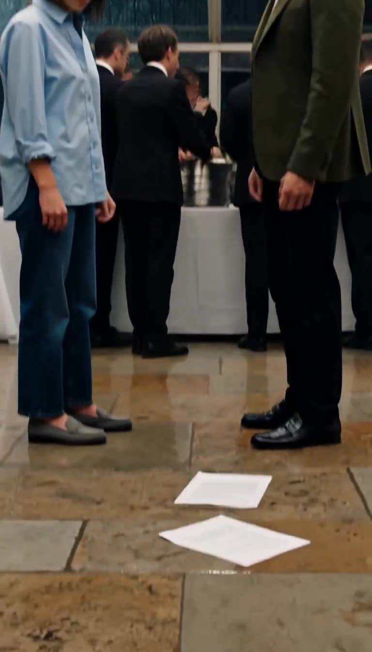 The printed contracts lie discarded on the wet floor between Camille and Alexandre's shoes.