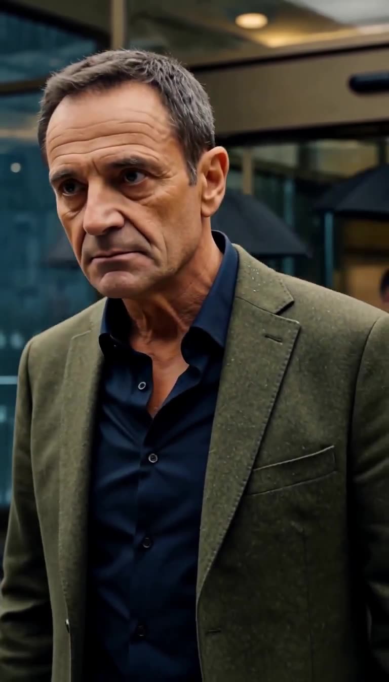 Alexandre glares with an aggressive expression under the exterior portico lights