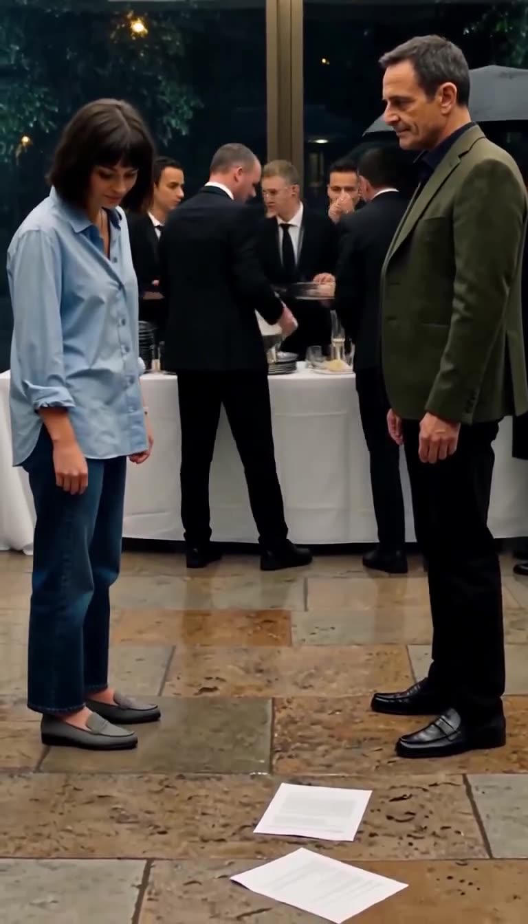 Cedric standing confrontationally over Camille as documents lie discarded across the wet floor