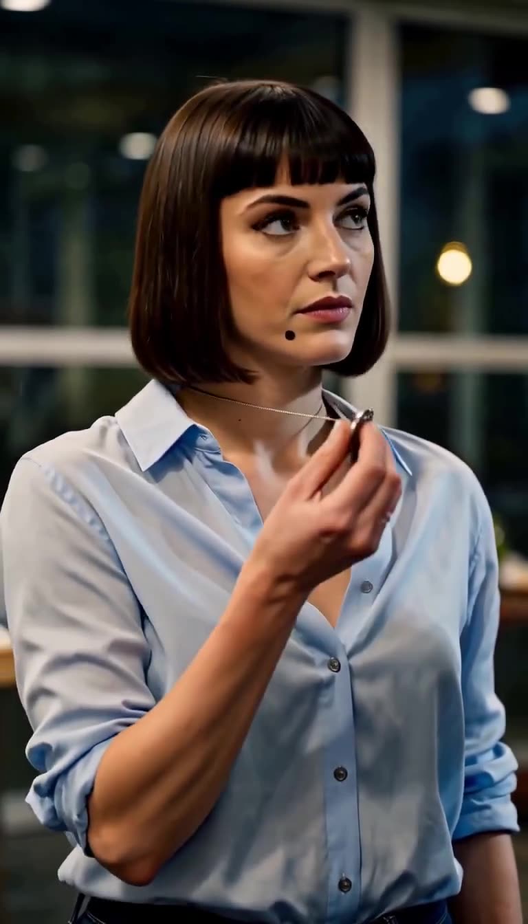 Clara zieht eine Kette mit rundem Siegelanhänger unter ihrem Hemdkragen hervor.