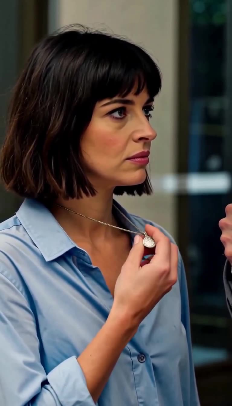 Camille pulls a silver crest pendant out from beneath her blue cotton shirt collar