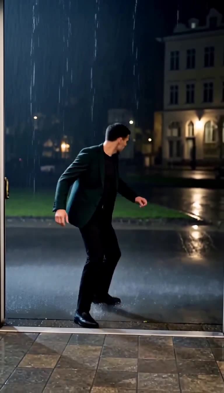 Maximilian stolpert mit fassungslosem Gesichtsausdruck rückwärts in den strömenden Regen hinaus.