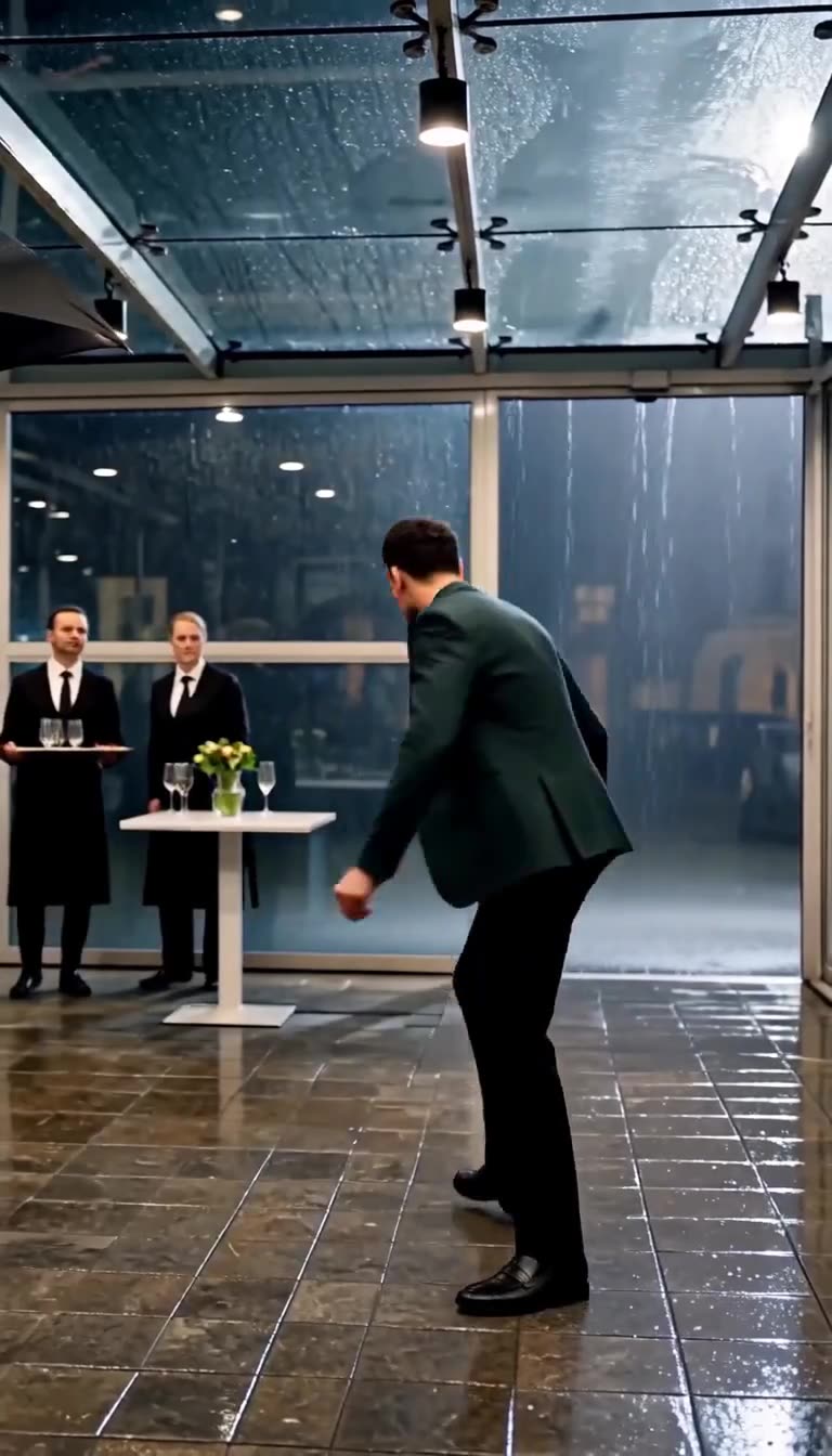 Der geschlagene Maximilian flieht in die regnerische Nacht, beobachtet von zwei Servicemitarbeitern im Pavillon.