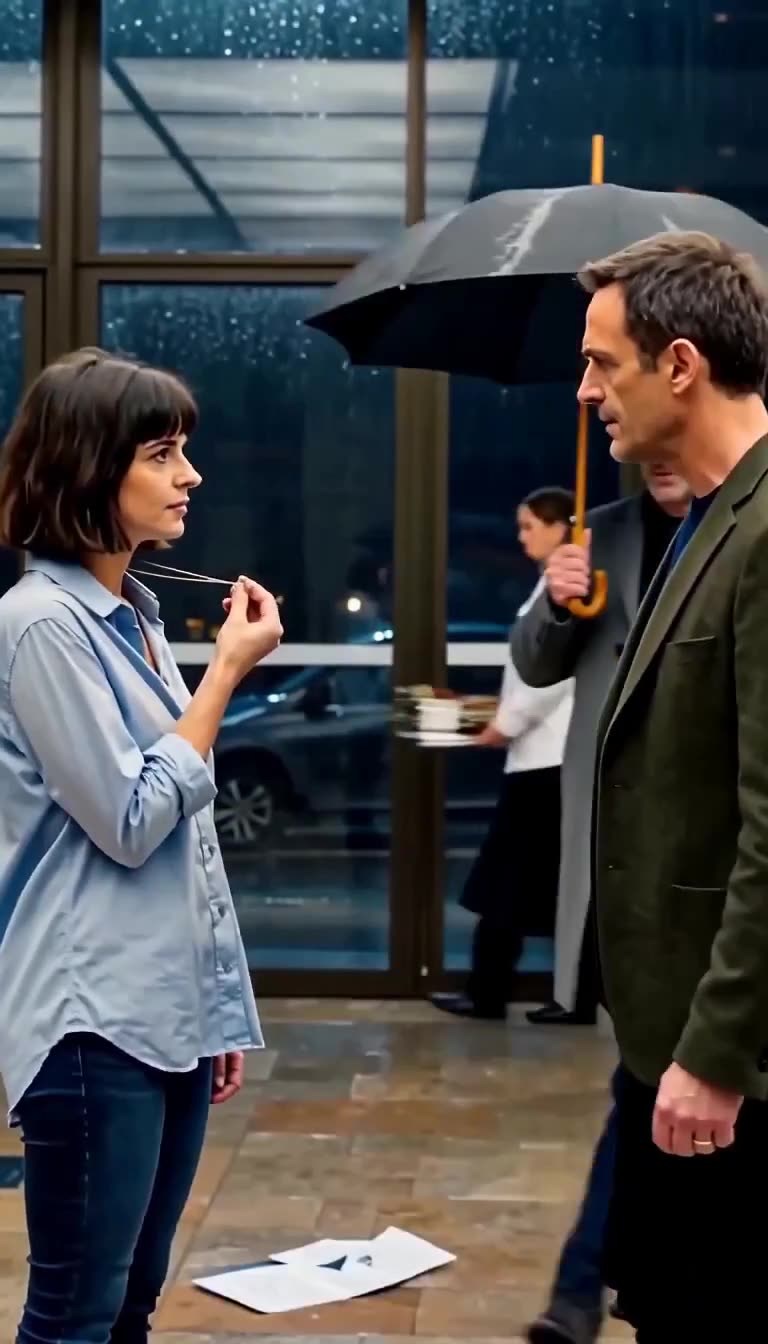 Camille confronting a wealthy man holding an umbrella on the wet pavement, presenting her necklace.
