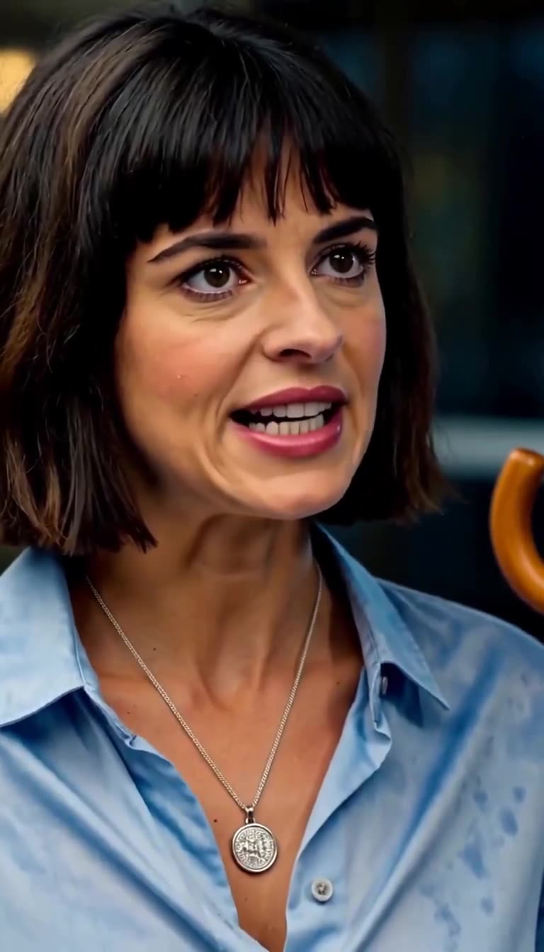 Close-up of Camille speaking forcefully with her family medallion visible around her neck.