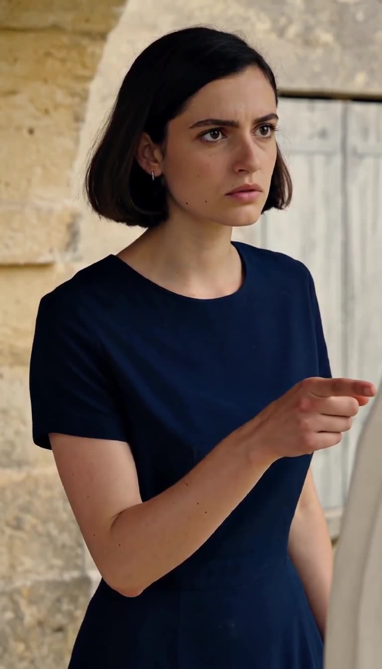 A tense close-up of Inès pointing an accusing finger with a cold scowl.