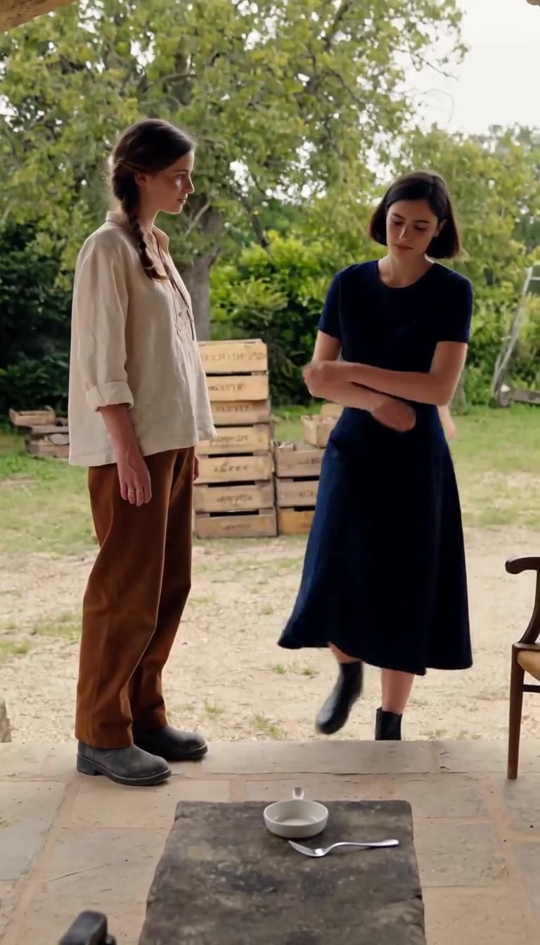 Inès crosses her arms and steps onto the porch step opposite a composed Camille.