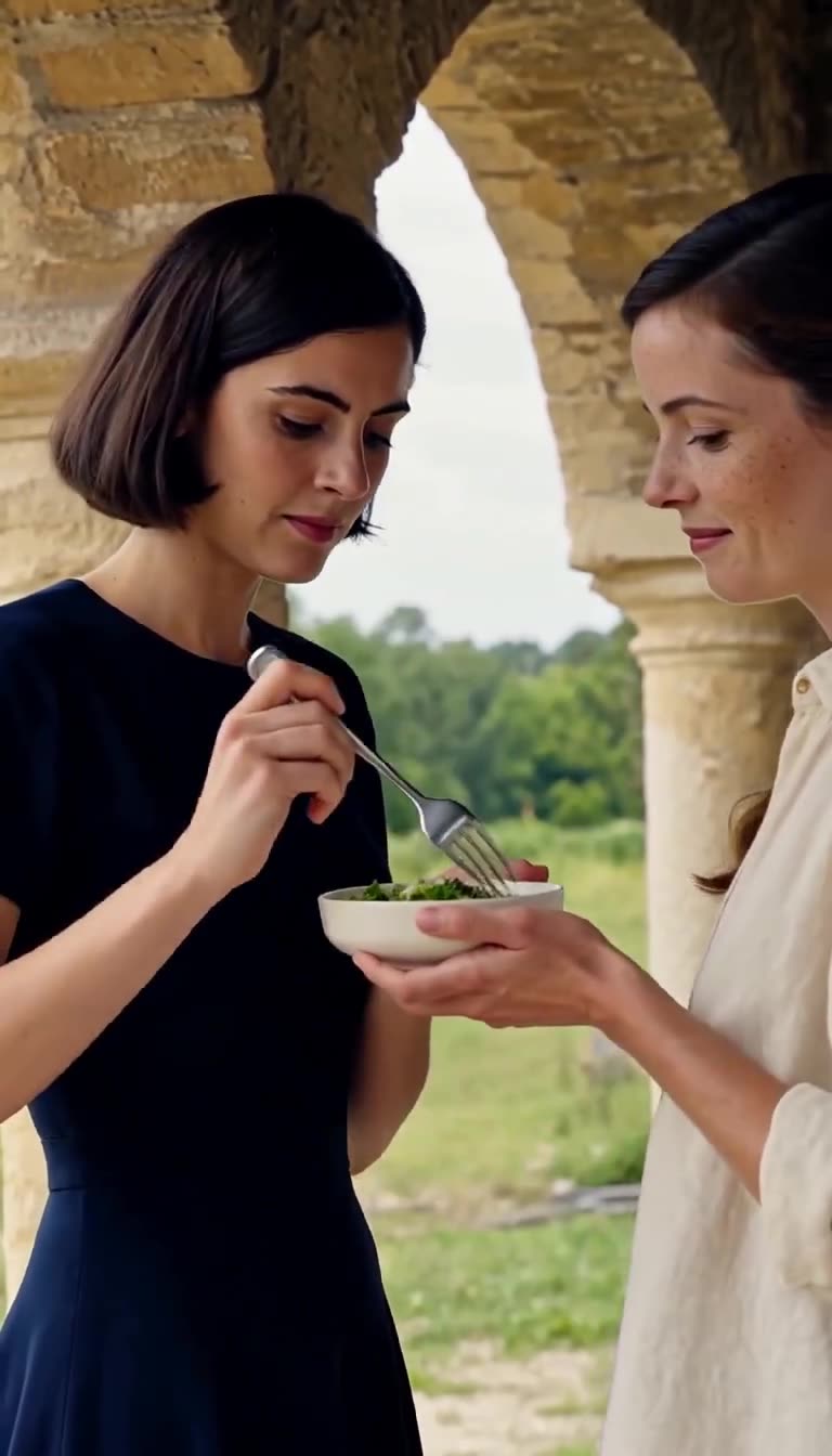 Inès takes a delicate bite from the bowl held patiently by Camille in front of the rustic estate arch.