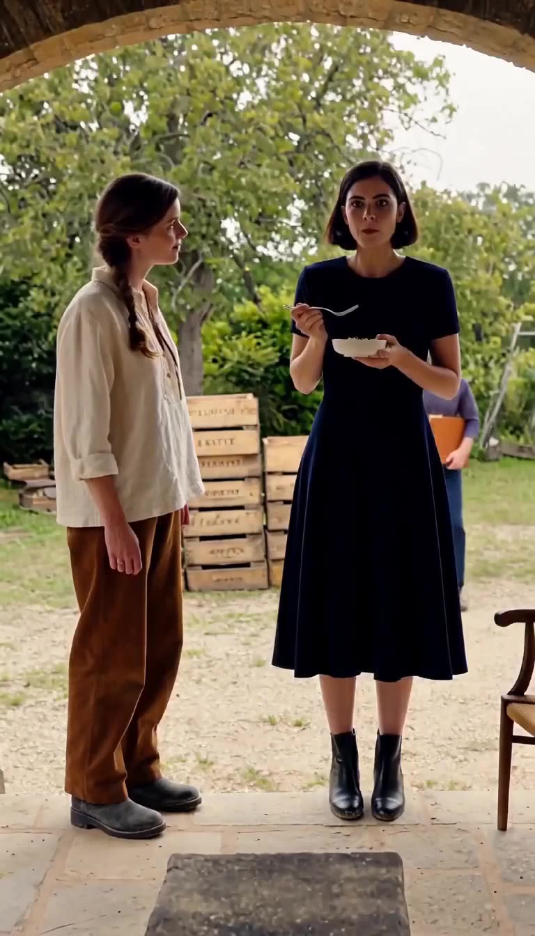 Constance eats from a bowl under an archway as Juliette watches in quiet amusement