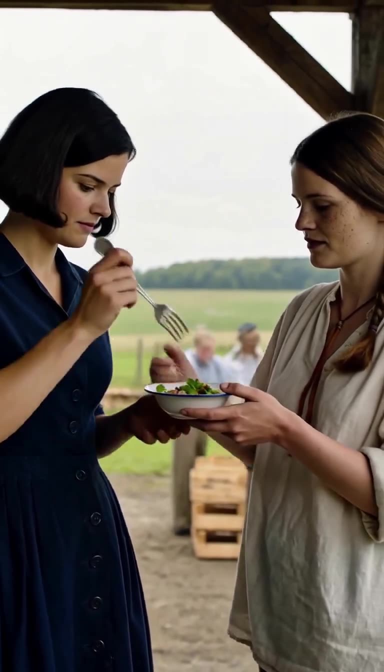 Leonie nimmt die Gabel entgegen und probiert überrascht von dem gereichten Salat.