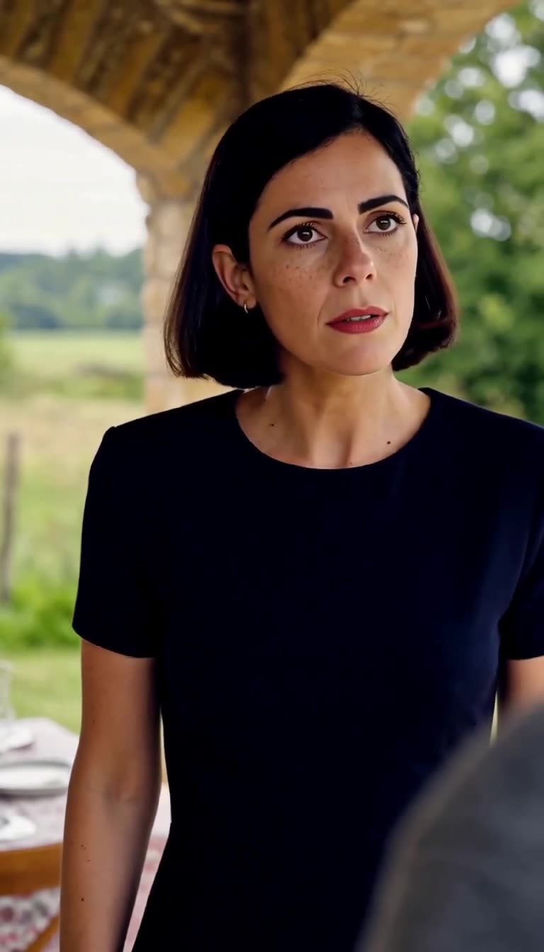 Inès glares with sharp disdain as an estate worker interrupts the gathering