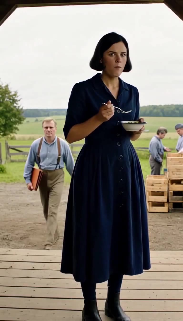 Sophie hält erstaunt den Löffel am Mund, während im Hintergrund ein Gutsverwalter herantritt