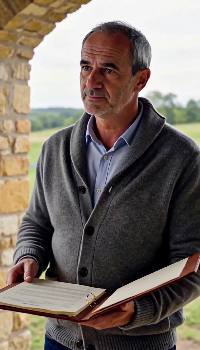 Jean in a grey wool cardigan opens the leather document folder to inspect the legal papers.