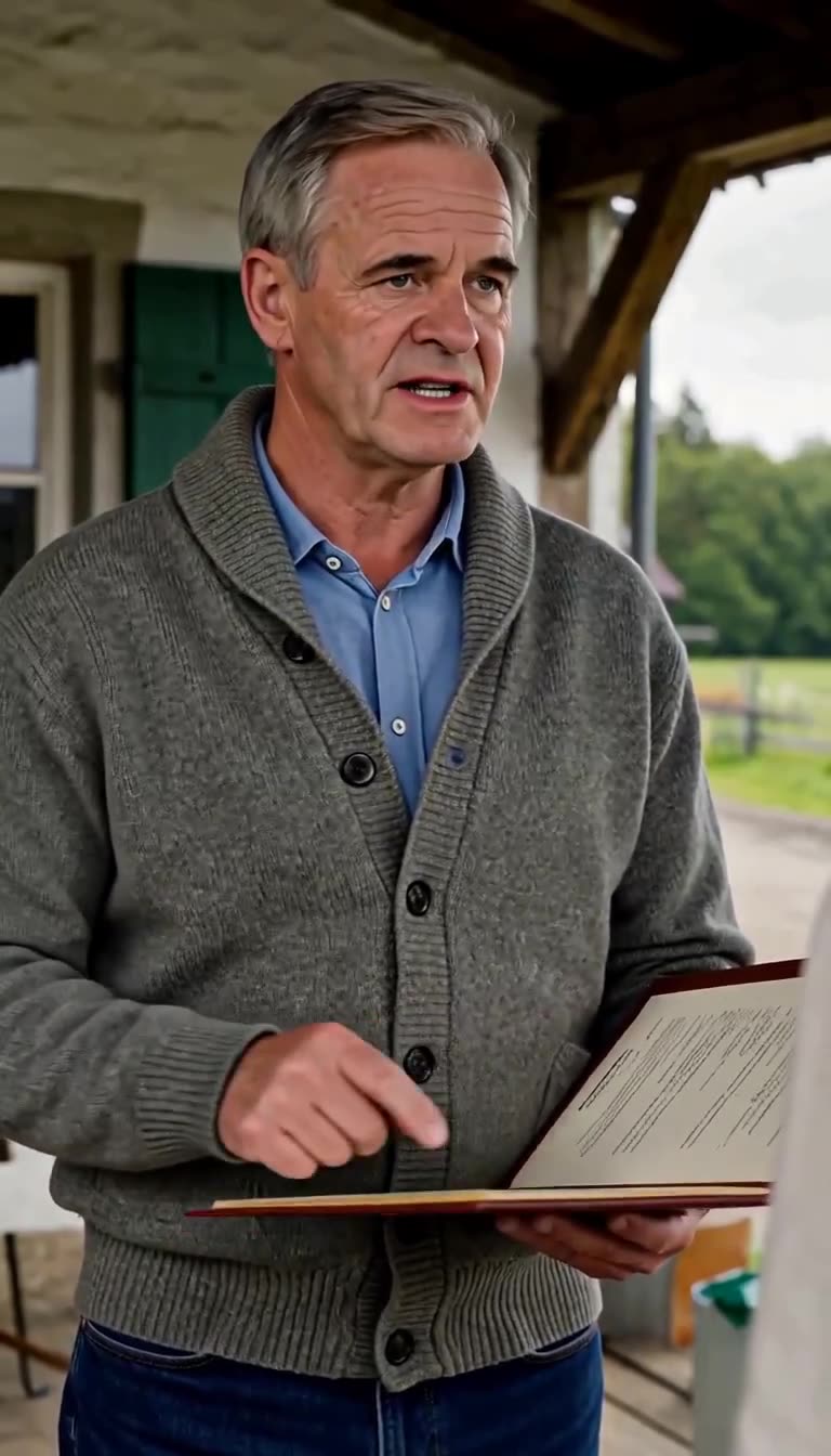 Heinrich deutet mit ernster Miene auf den Vertrag in seiner Mappe und verlangt nach dem Siegel.