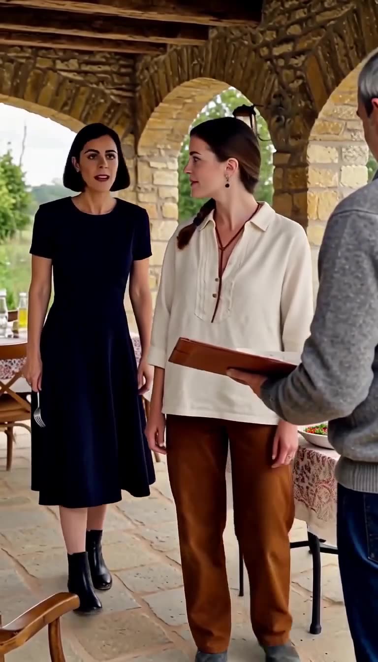 An estate overseer presents a leather document binder to Manon while Constance watches in astonishment.