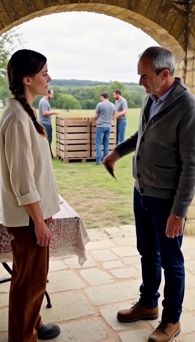 The manager formally hands estate paperwork to Manon in front of the rustic country grounds.