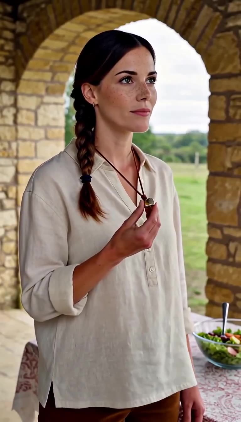 Camille displays an antique brass signet ring suspended on a leather cord.
