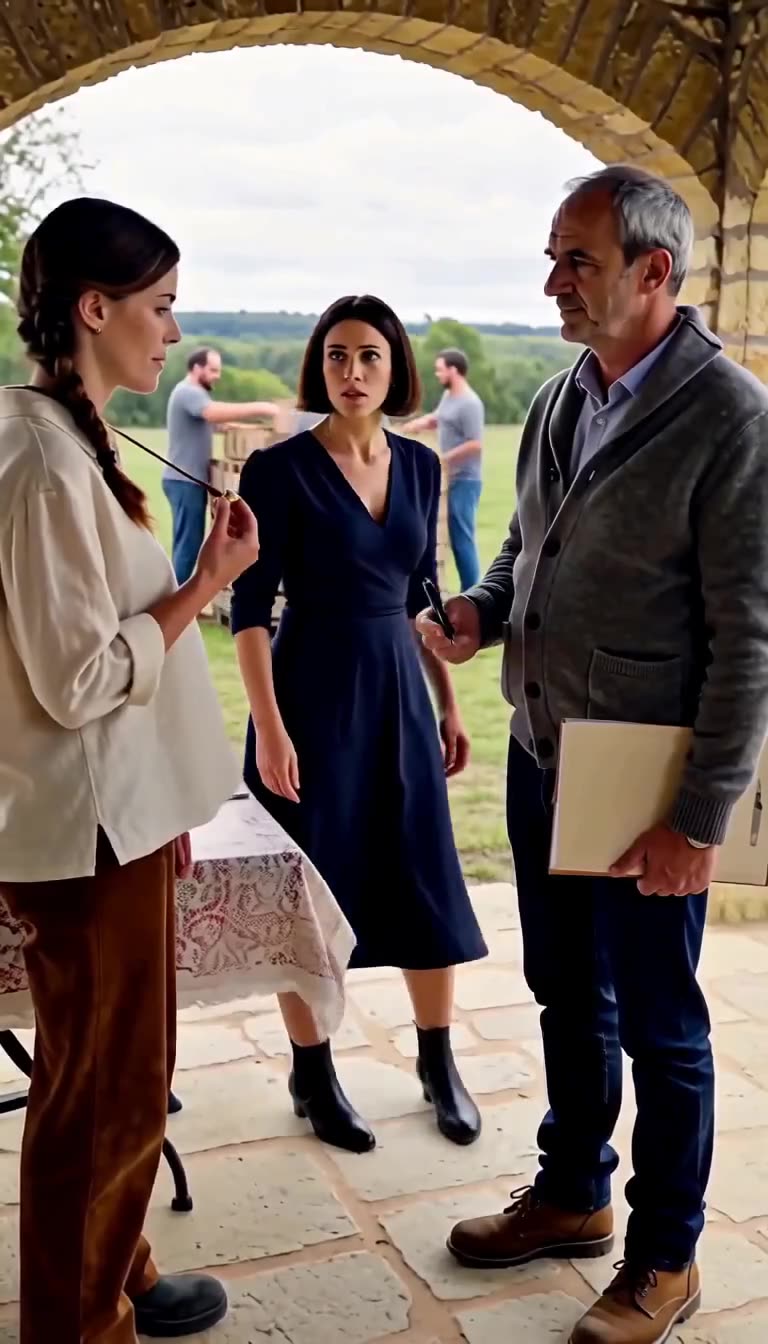 Inès recoils in disbelief as Camille presents the heirloom token to the notary.