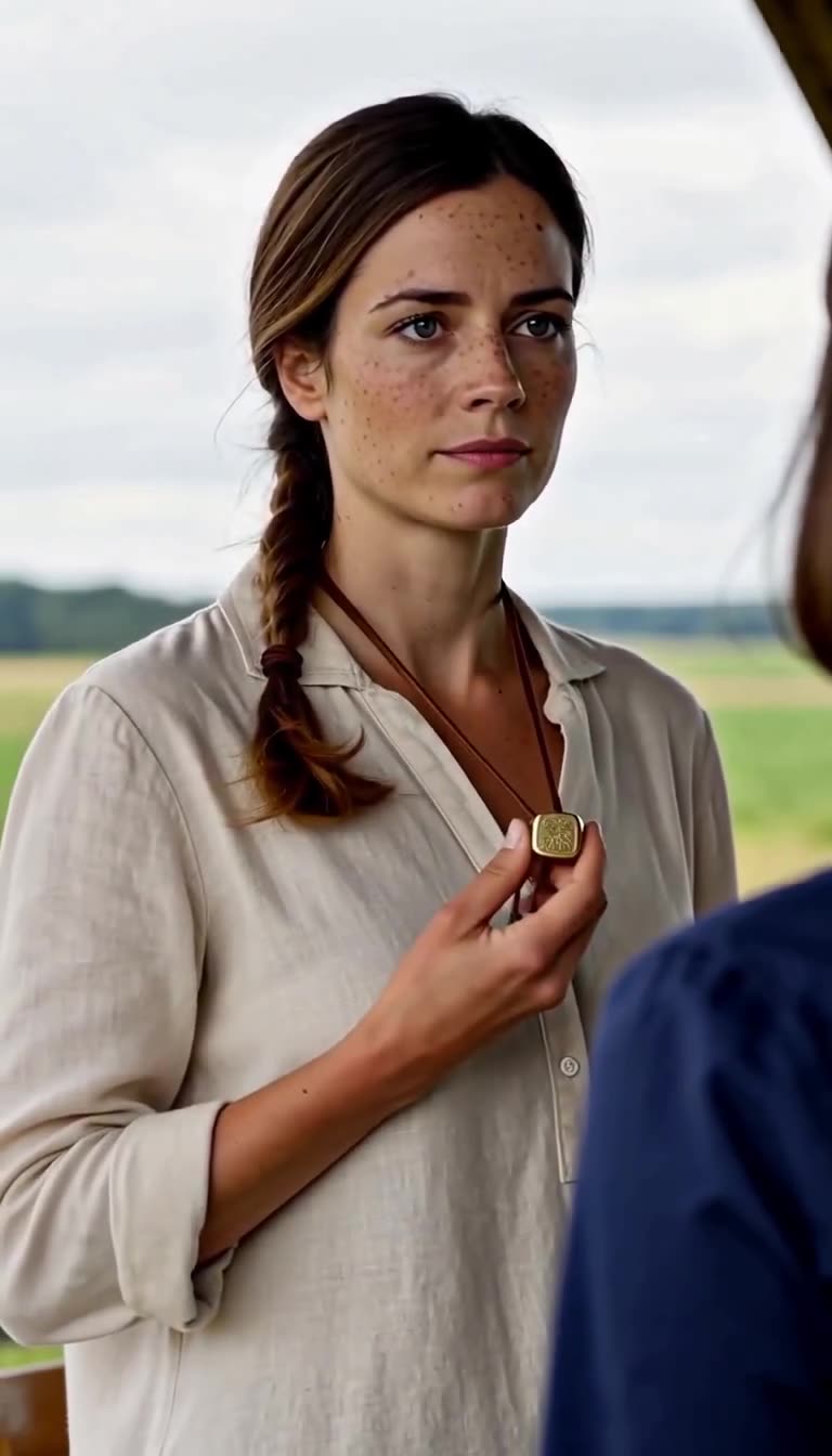 Nahaufnahme von Clara, die den antiken Siegelring an einem Lederband präsentiert