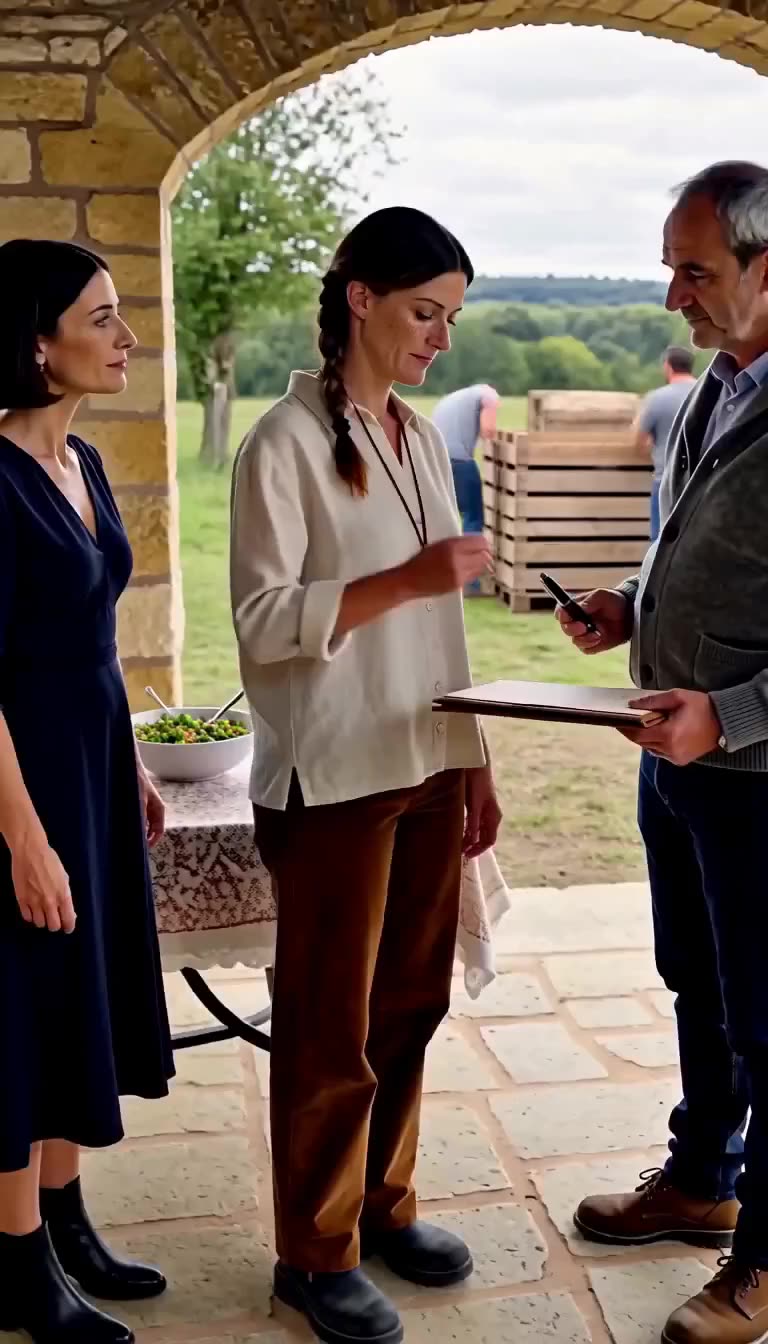 An estate manager hands official documents and a pen to Manon as Constance watches in shock.