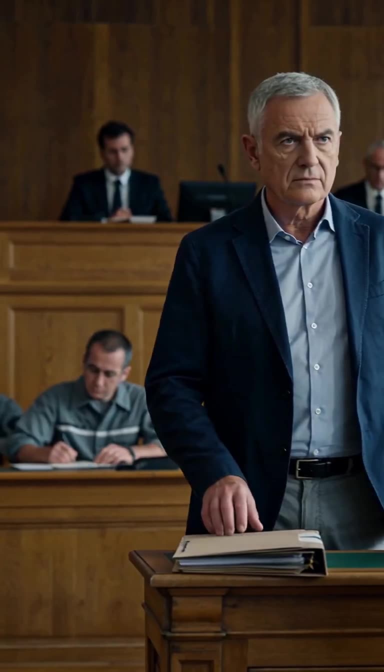 Victor glares sternly across the wooden desk as officers take notes in the background.