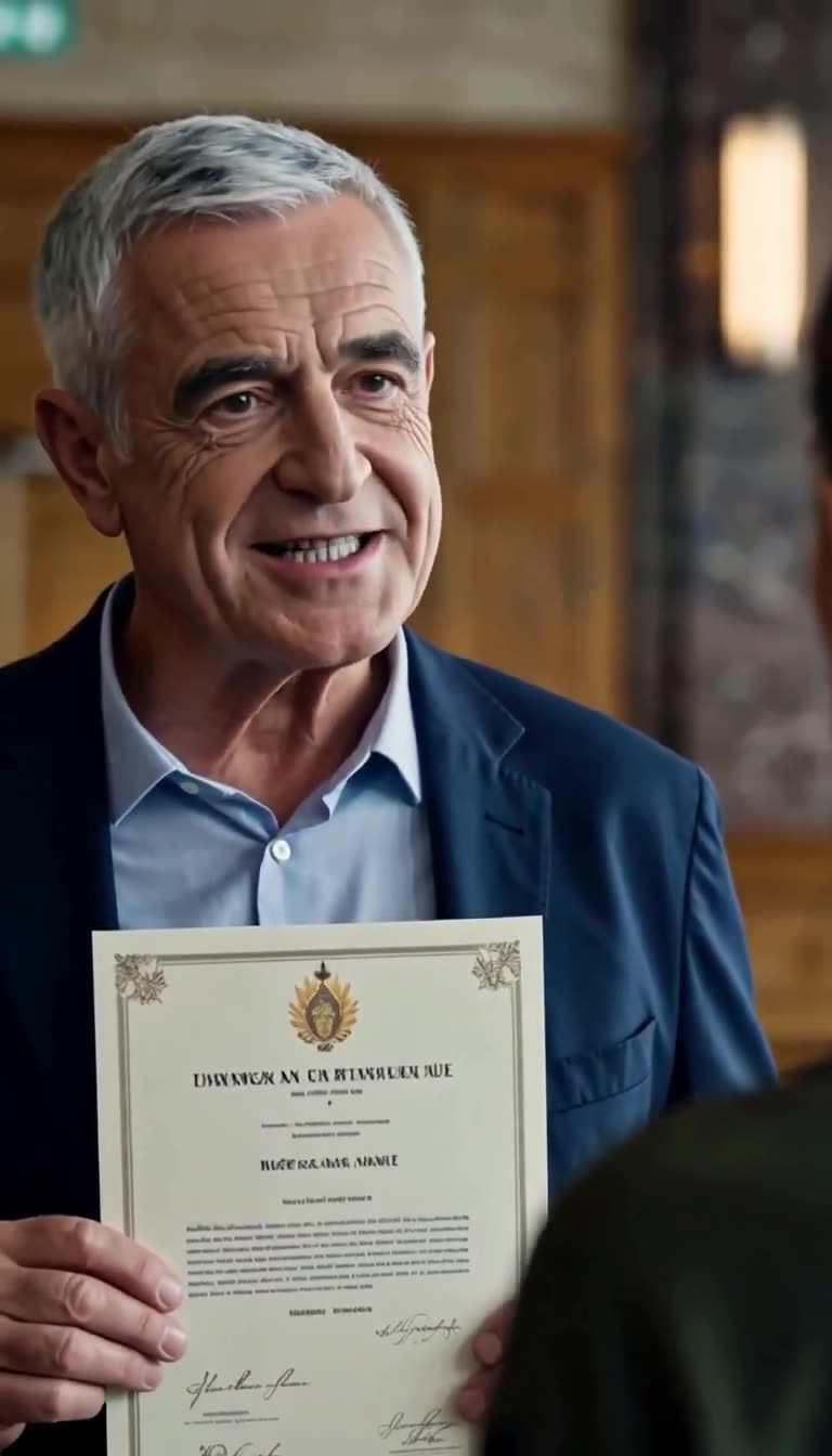 A smug Victor Marchand holds up an official death certificate at eye level.