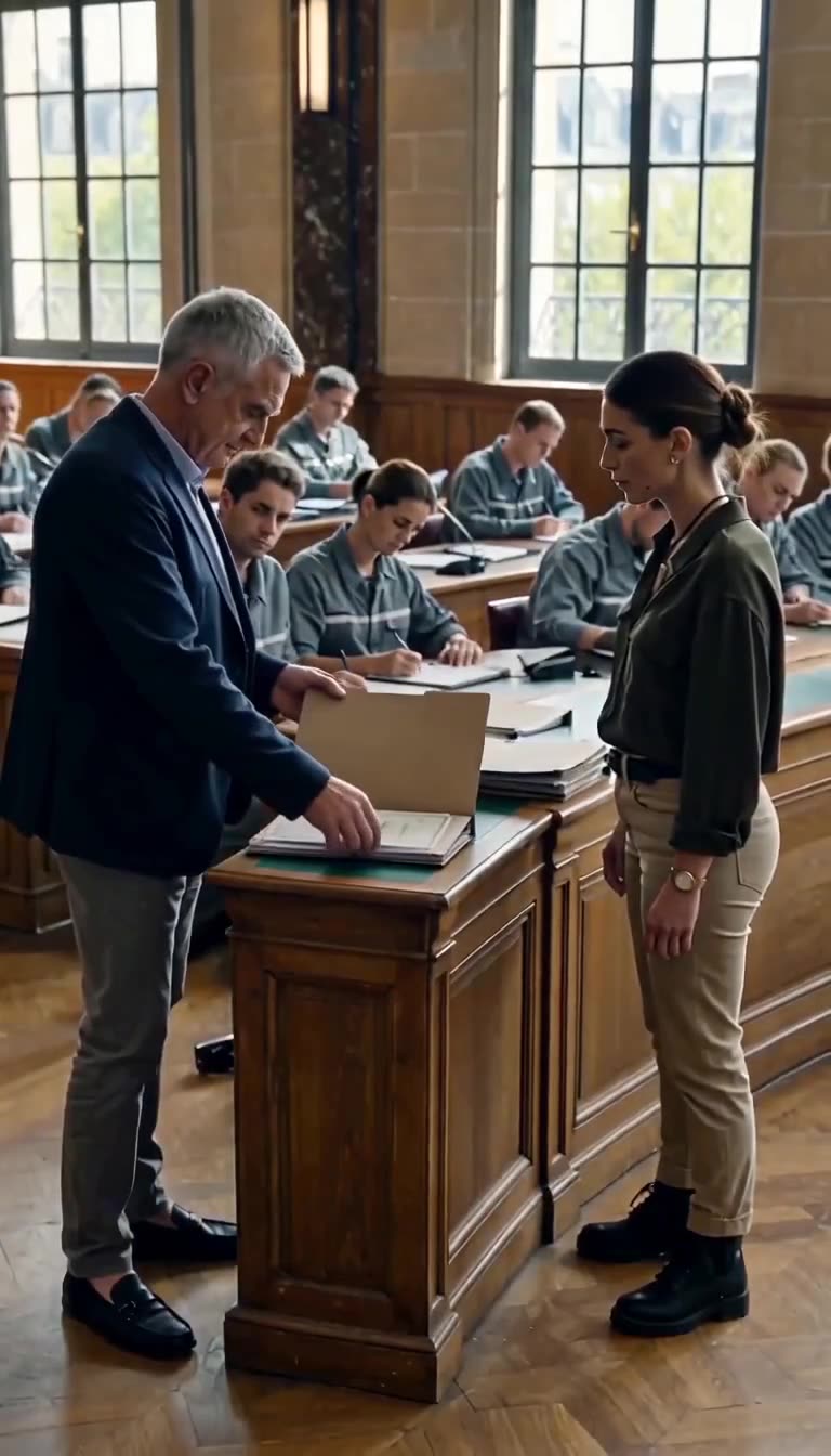 General Laurent inspecting the classified evidence folder laid before him at the bench.