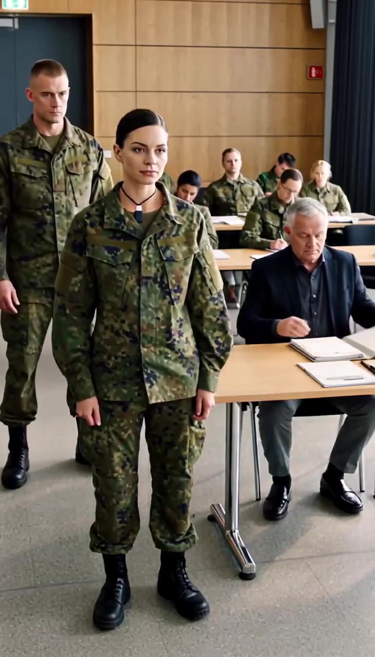 Totgeglaubte Soldatin tritt entschlossen vor das versammelte Militärgremium