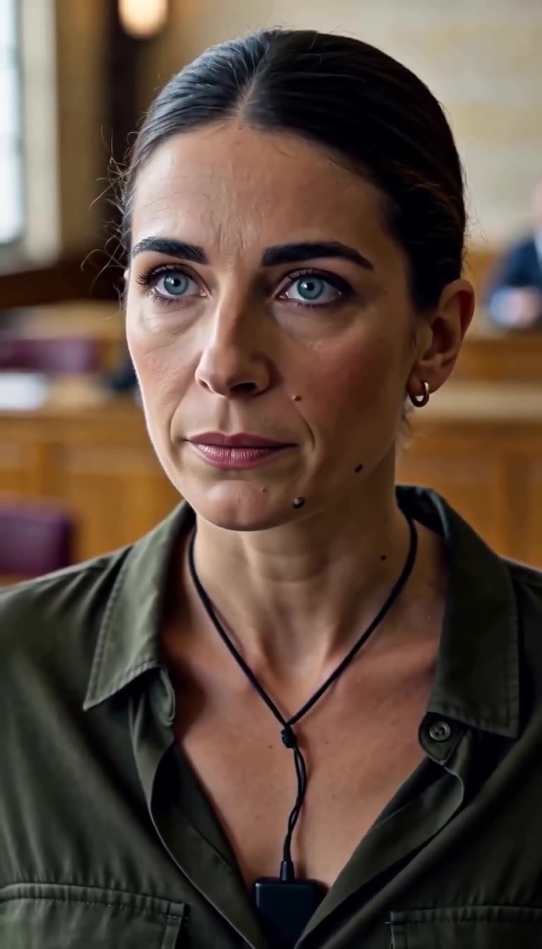 Claire stares resolutely forward, a thin cord bearing evidence visible beneath her collar