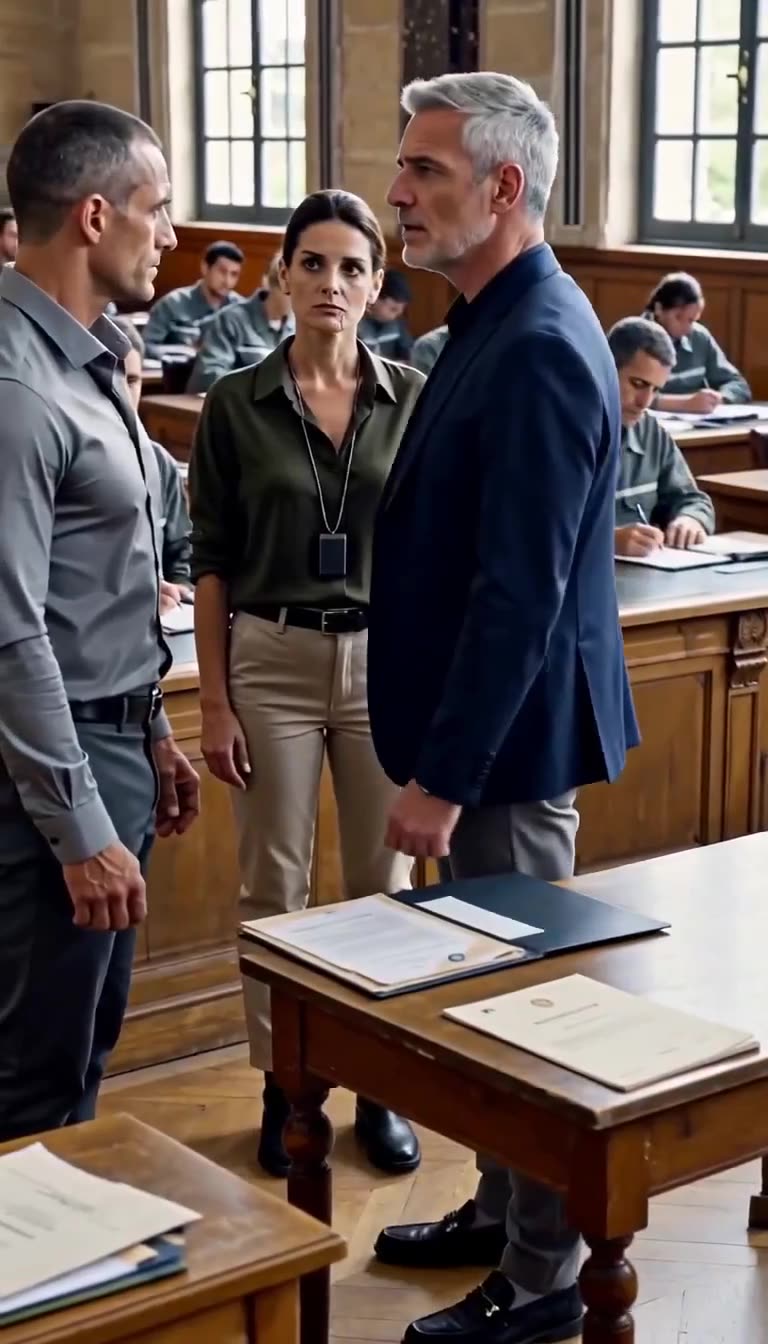 Captain Camille Laurent standing between two senior officers during a heated courtroom standoff