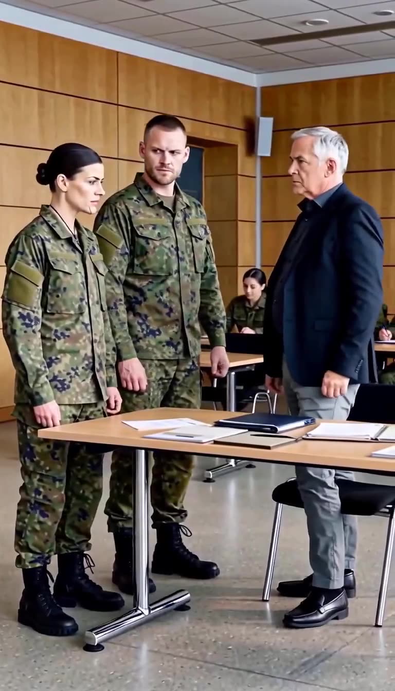 Katharina und ihr Kamerad stehen stramm vor dem fassungslosen General im Verhandlungssaal.