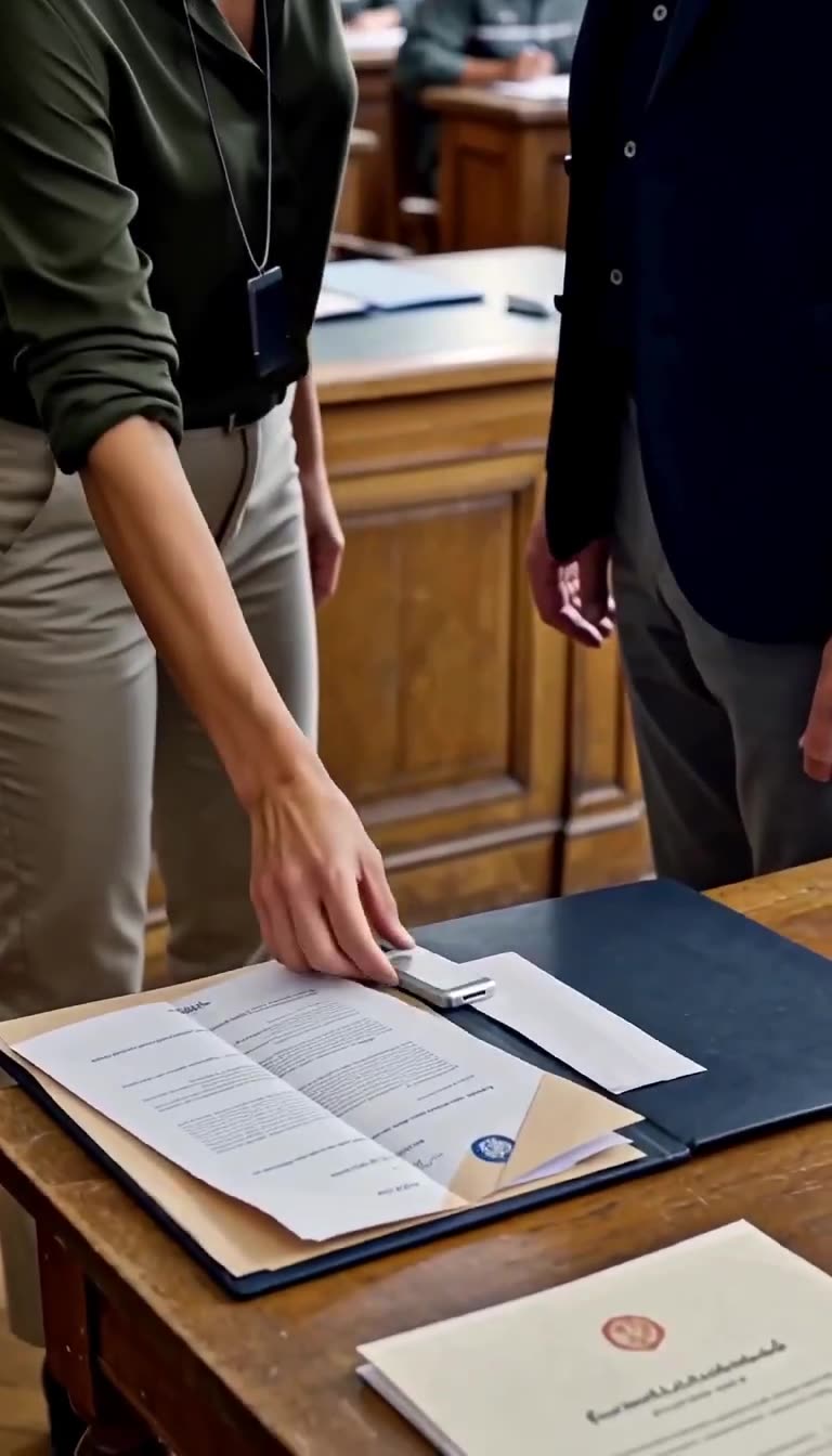 Claire places the silver metal drive beside official documents on the wooden table.