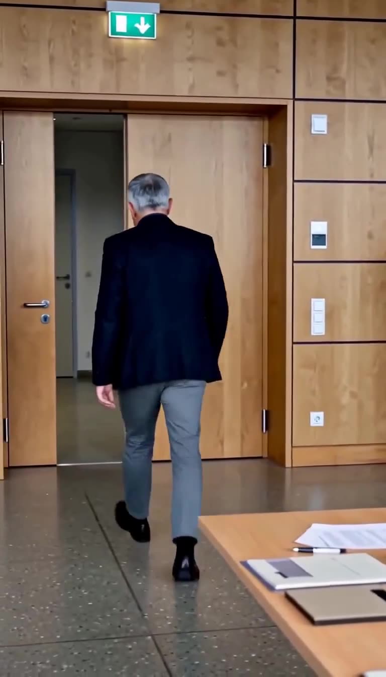 Der geschlagene General verlässt mit gesenktem Kopf den Verhandlungssaal durch die geöffnete Holztür.