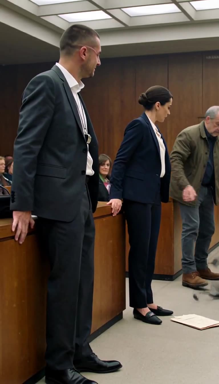 Courtroom papers scatter across the floor as Camille recoils and Julien watches the sprinting dog.