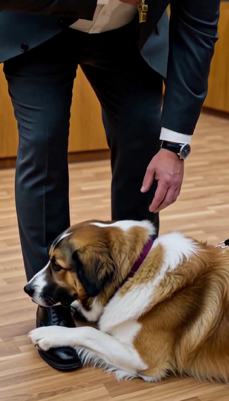 Detailaufnahme des Hundes, der sich vertrauensvoll an die Beine des Angeklagten schmiegt.