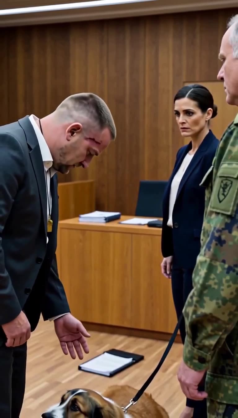 Hauptmann Becker beugt sich mit verletztem Gesicht zu dem am Boden liegenden Hund herab.