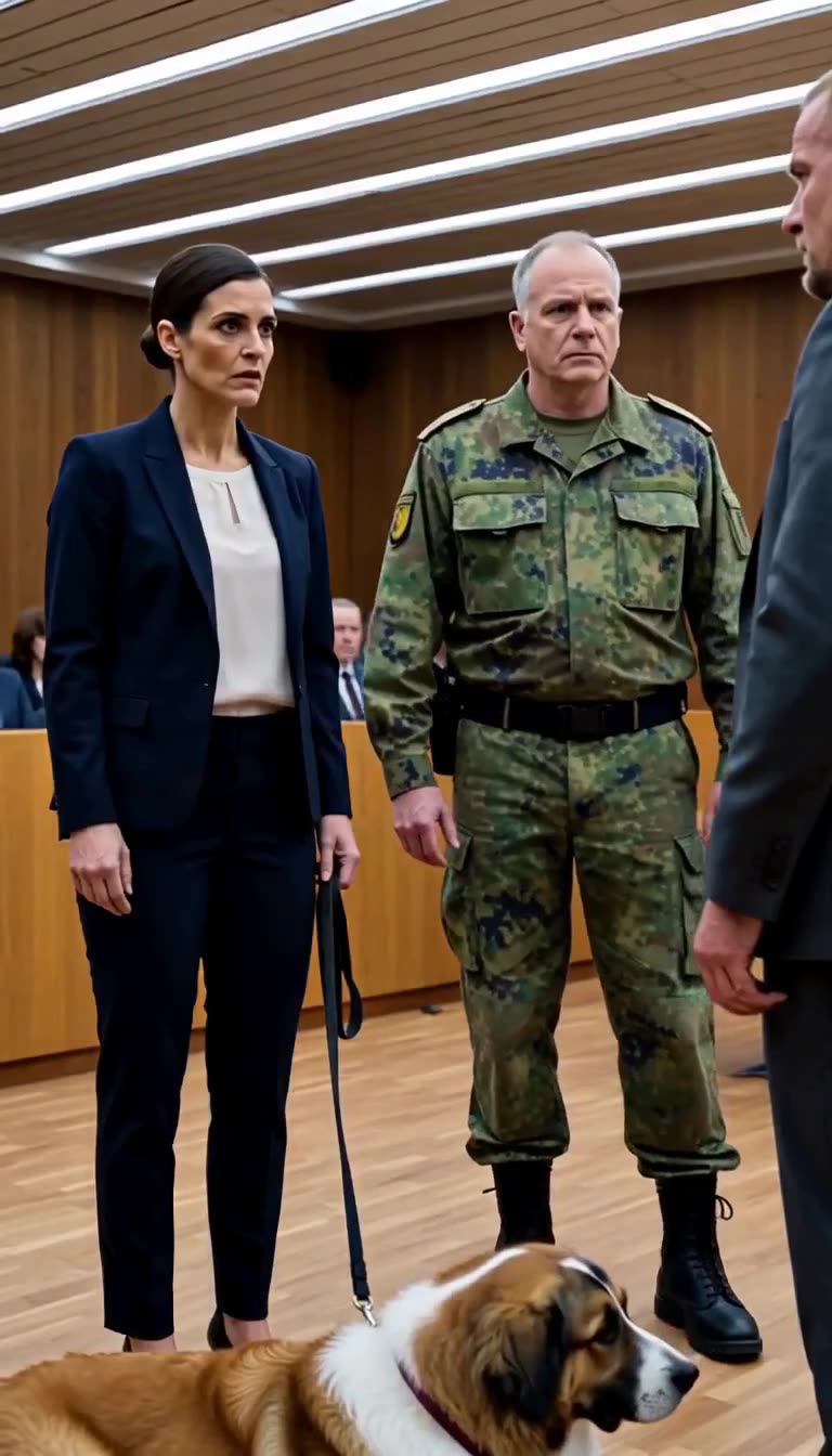 Die Staatsanwältin und ein Offizier beobachten fassungslos die friedliche Begegnung zwischen Soldat und Diensthund.